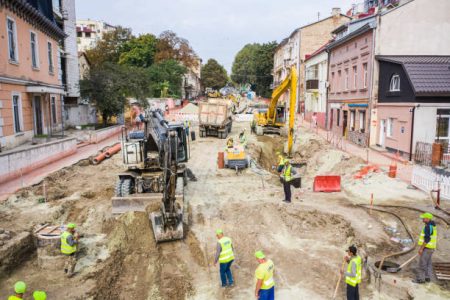 Lviv, Ukraine - November 25, 2020: road repairs on Shevchenko Str. in Lviv, Ukraine